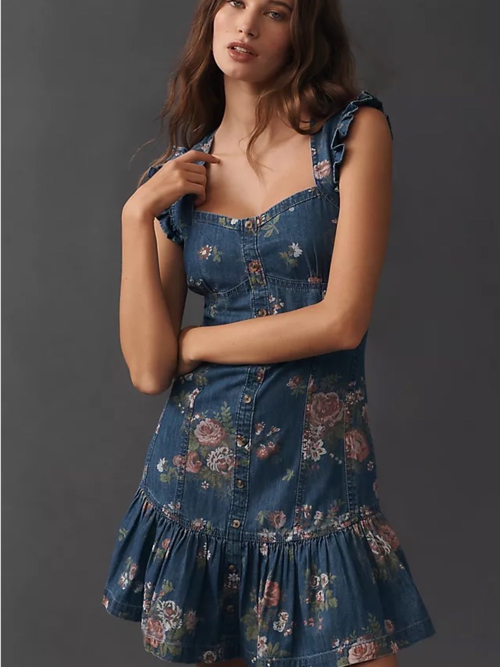 Floral Denim Button-Front Sundress - Blue with Pink Floral